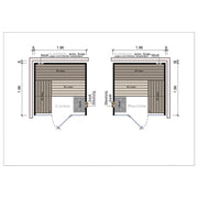 Technische Skizze der FinA Wellness Frieda Sauna, Modell 1,96 x 1,96 m, mit Glasfront links und rechts