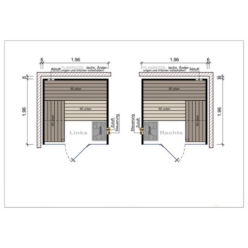 Technische Skizze der FinA Wellness Frieda Sauna, Modell 1,96 x 1,96 m, mit Glasfront links und rechts