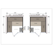 Grundrisszeichnung der Frieda Sauna 2,20 x 2,20 m mit ESG-Glasfront und zwei Konfigurationsoptionen