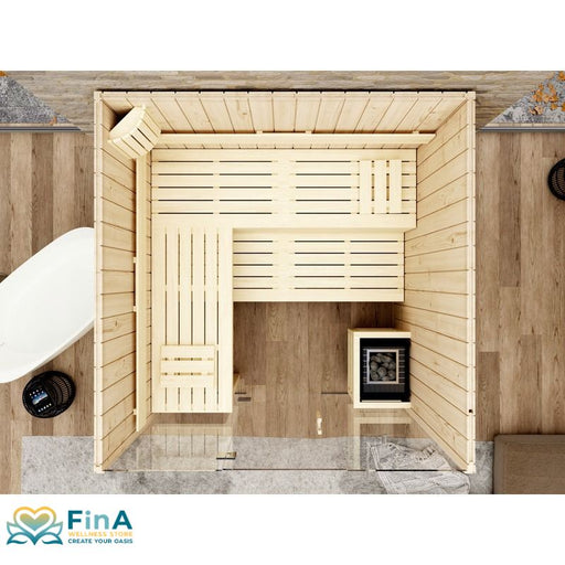 Innenansicht der Leyla Sauna mit verschiebbaren Espe-Liegen und Rückenlehnenbeleuchtung