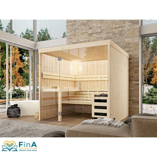 Leyla Sauna mit Glasfront – moderne Indoor-Massivholzsauna aus Fichte