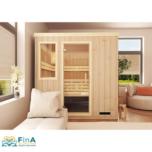 Leyla Sauna von FinA Wellness – rechteckige Sauna in heller Raumecke mit viel Tageslicht und modernem Einrichtungsstil