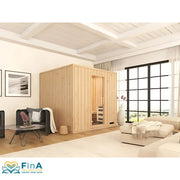 Indoor-Sauna Leyla von FinA Wellness – elegante Holzsauna mit Glasdetails in lichtdurchflutetem Wohnraum