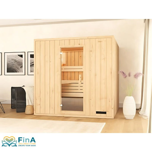 FinA Wellness Leyla Sauna aus hellem Holz mit Glasfront in modernem Wohnzimmer, umgeben von Dekoration und Fenster