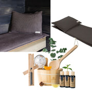 FinA Wellness Geschenkset mit Saunaausstattung: Kissen, Handtuch, Holzeimer mit Thermometer, Schöpfkelle, Wellness-Öle und Zubehör