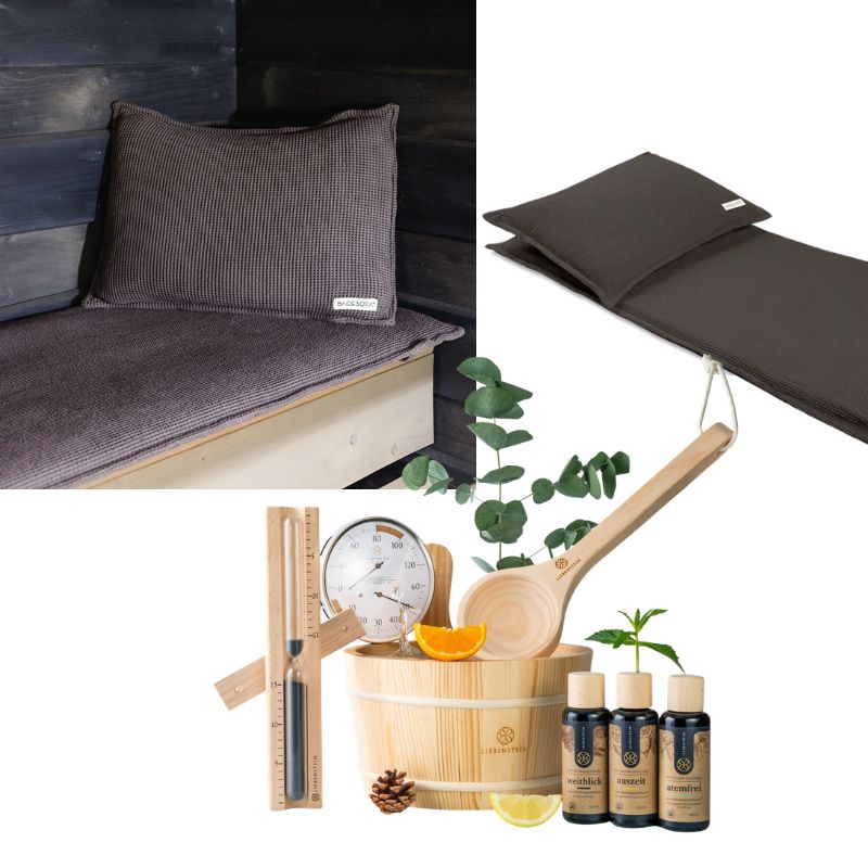 FinA Wellness Geschenkset mit Saunaausstattung: Kissen, Handtuch, Holzeimer mit Thermometer, Schöpfkelle, Wellness-Öle und Zubehör