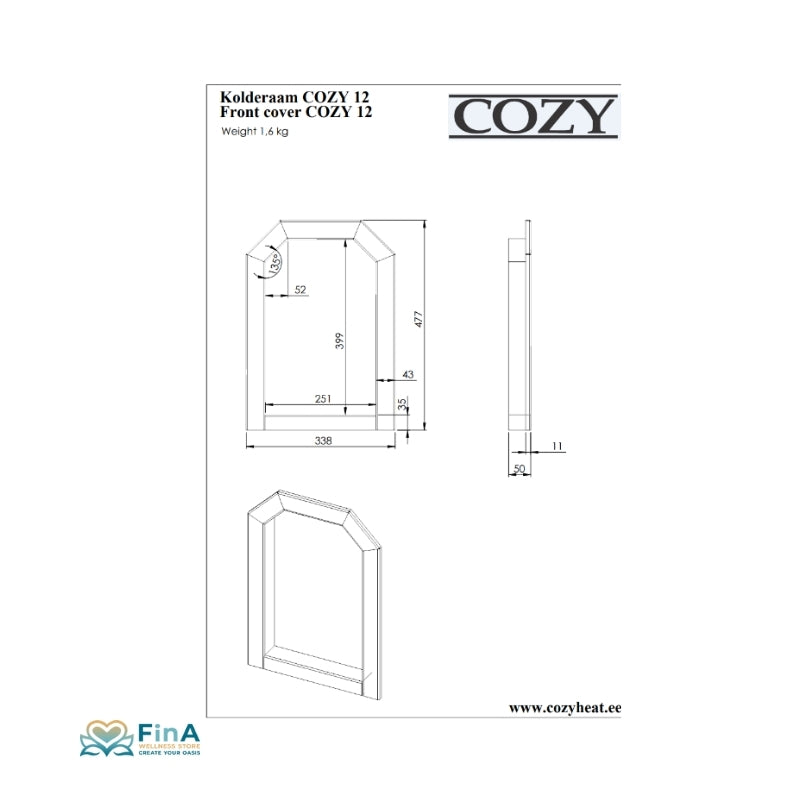 Technische Zeichnung des Front Cover COZY 12 & 18 – alle Maße für präzise Montage laut cozyheat.ee.