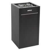 Harvia Virta Saunaofen mit schwarzem Stahlgehäuse und offener Steinschale gefüllt mit Saunasteinen