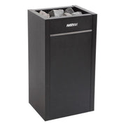 Harvia Virta Saunaofen in Schwarz mit gefülltem Steintablett oben und horizontalem Bedienfeld, modernes Design für Saunaräume