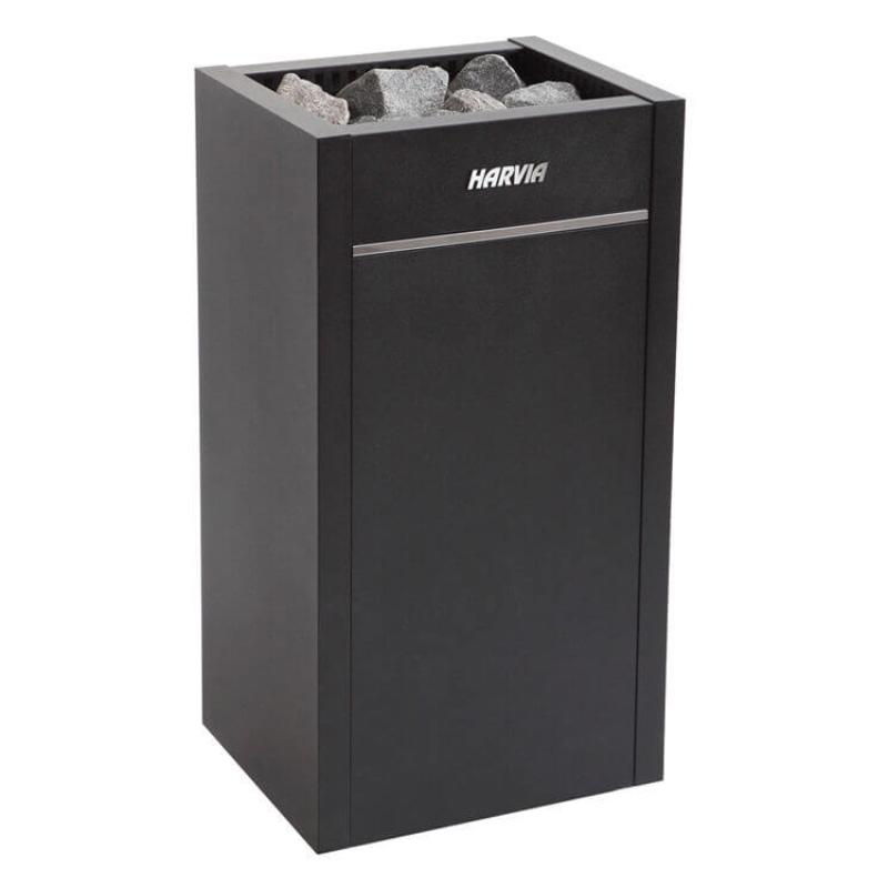 Harvia Virta Saunaofen in Schwarz mit gefülltem Steintablett oben und horizontalem Bedienfeld, modernes Design für Saunaräume