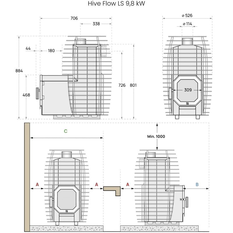 Montage- und Sicherheitsabstände des HUUM HIVE Flow LS Holzsaunaofens 9,8 kW mit Außenbefeuerung
