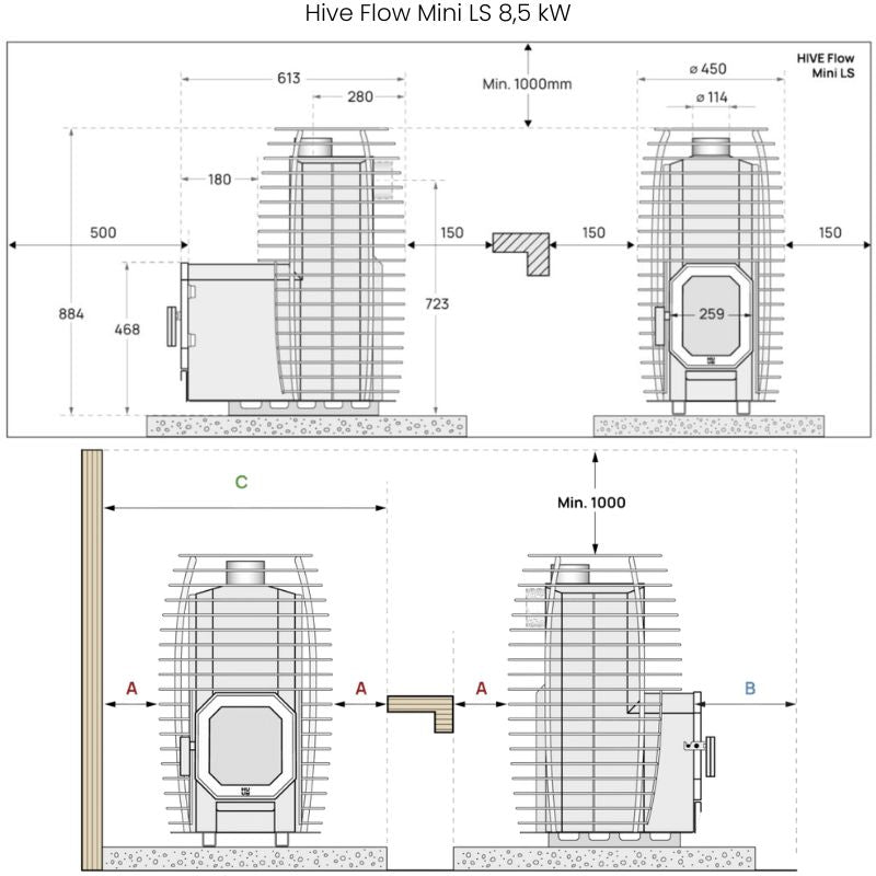 Maßzeichnung und Sicherheitsabstände des HUUM HIVE Flow Mini LS Holzsaunaofens 8,5 kW mit Außenbefeuerung