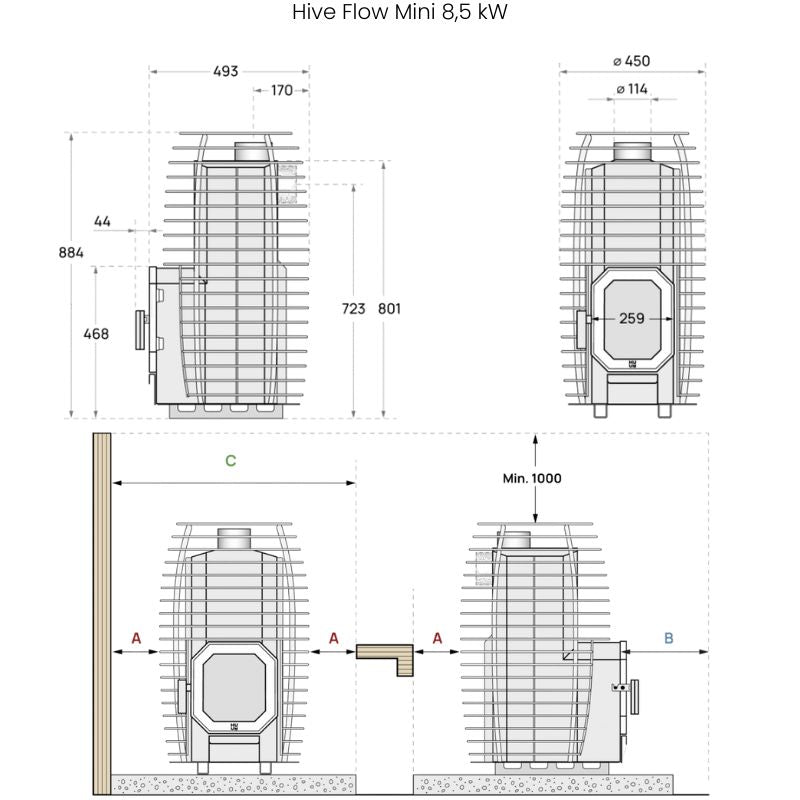 Montagezeichnung des HUUM HIVE Flow Mini Holzsaunaofens 8,5 kW mit Innenbefeuerung und Sicherheitsabständen