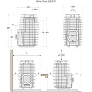 Technische Zeichnung des HUUM HIVE Flow Holzsaunaofens 9,8 kW mit Innenbefeuerung und Maßangaben