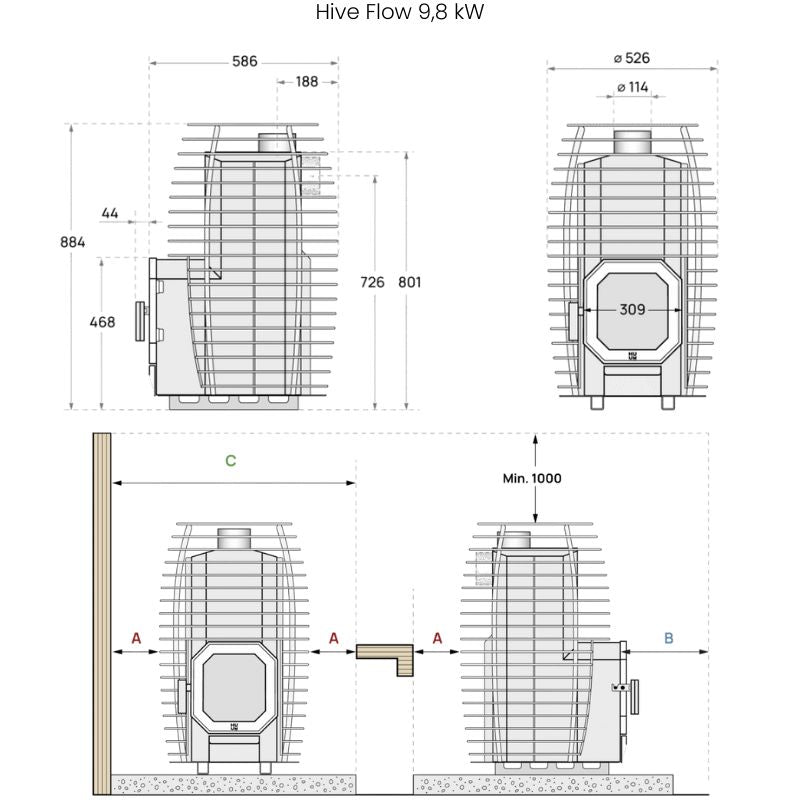 Technische Zeichnung des HUUM HIVE Flow Holzsaunaofens 9,8 kW mit Innenbefeuerung und Maßangaben