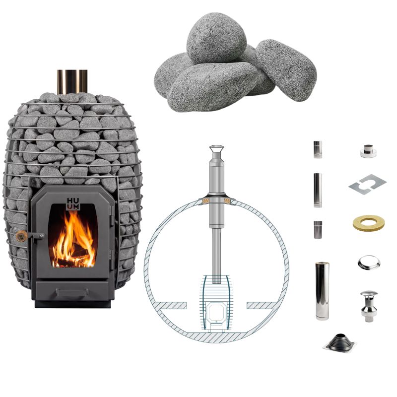 HUUM HIVE Wood Saunaofen mit Saunasteinen und Schornsteinset für Dachdurchführung in der Fasssauna – technische Schnittzeichnung der vertikalen Montage mit Komponentenübersicht.
