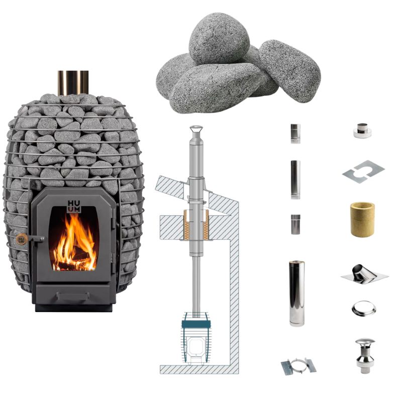 HUUM HIVE Wood Saunaofen mit Saunasteinen und vertikalem Schornsteinset für Dachdurchführung in der Innensauna – technische Schnittzeichnung und Komponentenübersicht.