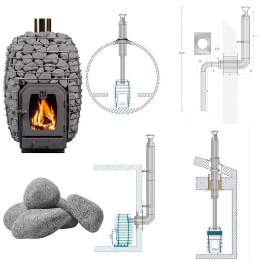 HUUM HIVE Wood Holzsaunaofen mit Saunasteinen und technischen Zeichnungen zu verschiedenen Schornsteinanschlüssen – Wanddurchführung, Dachdurchführung und Fasssauna-Montage.