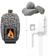 HUUM HIVE Wood Saunaofen mit Saunasteinen und Schornsteinset für Wanddurchführung hinten – technische Darstellung des Anschlusses mit Maßangaben.