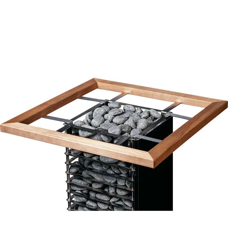  HUUM Sicherheitsrahmen für CLIFF Saunaofen – rechteckige Holzreling auf schwarzem Ofengehäuse