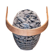  HUUM Sicherheitsgeländer für Saunaofen DROP – gebogener Holzschutz mit Edelstahlhalterung in Frontalansicht