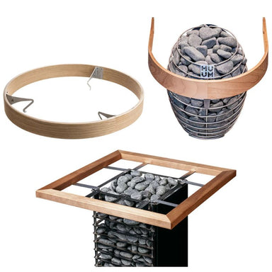  Vergleich der vier HUUM Sicherheitsgeländer für Saunaöfen – DROP, HIVE, CLIFF & STEEL in kombinierter Darstellung