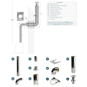 Schornsteinset für HUUM HIVE Wood Saunaofen mit Wanddurchführung hinten – technische Zeichnung mit Maßangaben und Darstellung aller enthaltenen Edelstahl-Komponenten.