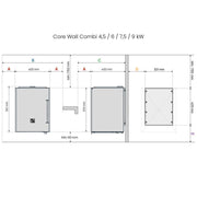 Montage- und Sicherheitsabstände des HUUM Core Wall Combi Saunaofens 4,5–9 kW mit Maßangaben