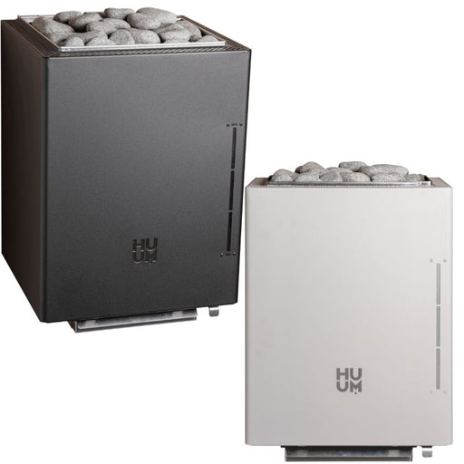 HUUM Core Wall Combi elektrischer Saunaofen in Schwarz und Weiß nebeneinander mit Sauna-Steinen