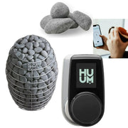 Komplettset des HUUM Hive Saunaofens mit 250 kg Saunasteinen, HUUM UKU WLAN-Steuerung und mobiler App-Nutzung – modernes Design für stilvolle Saunalösungen.