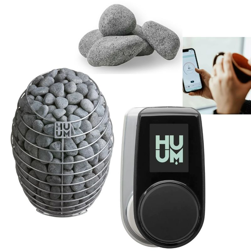 Komplettset des HUUM Hive Saunaofens mit 250 kg Saunasteinen, HUUM UKU WLAN-Steuerung und mobiler App-Nutzung – modernes Design für stilvolle Saunalösungen.