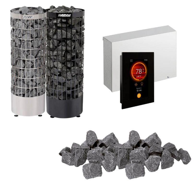 Harvia Cilindro Saunaofen Komplettset mit zwei Öfen in Weiß und Schwarz, digitaler Steuerung und Saunasteinen
