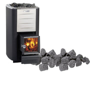 Harvia M3 Holzsaunaofen mit Sichtfenster und brennendem Feuer, silbernem Steinkorb oben und grauen Saunasteinen davor arrangiert