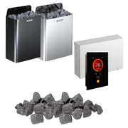 Harvia The Wall Elektro-Saunaofen Komplettset mit zwei Öfen in Schwarz und Weiß, Steuergerät mit digitalem Display und Saunasteinen.