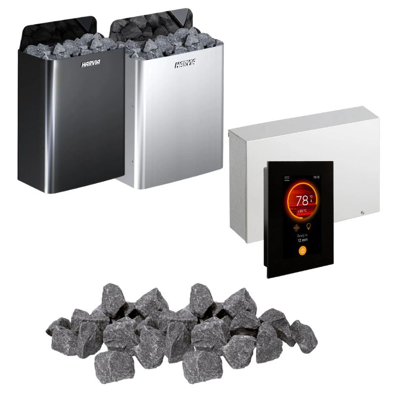 Harvia The Wall Elektro-Saunaofen Komplettset mit zwei Öfen in Schwarz und Weiß, Steuergerät mit digitalem Display und Saunasteinen.