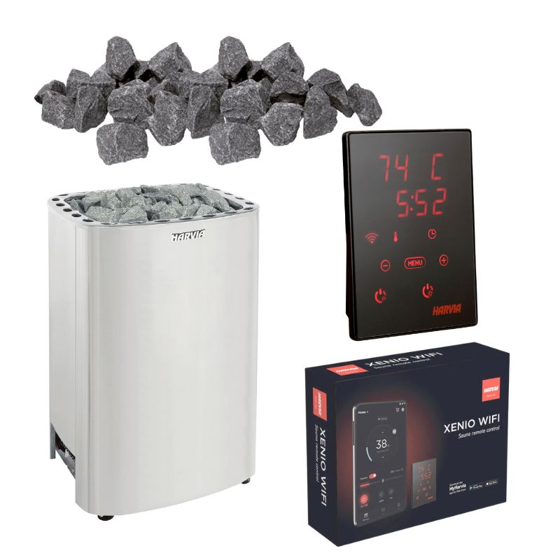 Harvia Club Saunaofen Komplettset mit Xenio CX170 WiFi Steuerung und Saunasteinen – Edelstahl-Ofen mit digitalem Touchpanel für private und gewerbliche Saunakabinen