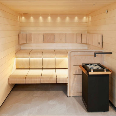 Harvia Virta Combi Saunaofen in einer modernen Holzsauna mit stilvoller LED-Beleuchtung und ergonomischen Liegeflächen – eingebettet in eine luxuriöse Wellnessumgebung.