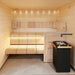 Harvia Virta Combi Saunaofen in einer modernen Holzsauna mit stilvoller LED-Beleuchtung und ergonomischen Liegeflächen – eingebettet in eine luxuriöse Wellnessumgebung.