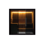 Hekla Traditional Sauna 210x200 cm Indoor Farbe Nero Frontalansicht mit geöffneter Glastür