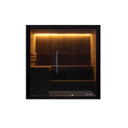 Hekla Traditional Sauna 210x200 cm Indoor Farbe Nero Frontalansicht mit geschlossener Glasfront