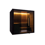 Hekla Traditional Sauna 210x200 cm Indoor Farbe Nero Seitenansicht mit LED-Licht und geschlossener Glasfront