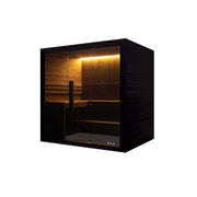 Hekla Traditional Sauna 210x200 cm Indoor Farbe Nero Seitenansicht mit LED-Beleuchtung und geöffneter Tür