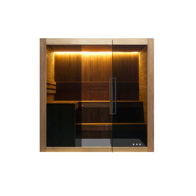 Hekla Traditional Sauna 210x200 cm Indoor Farbe Scandi Frontalansicht mit LED-Beleuchtung und geöffneter Glastür