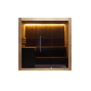 Hekla Traditional Sauna 210x200 cm Indoor Farbe Scandi Frontalansicht mit LED-Licht und geschlossener Glasfront