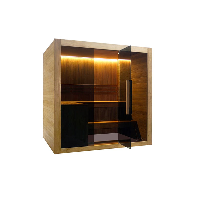 Hekla Traditional Sauna 210x200 cm Indoor Farbe Scandi Seitenansicht mit geöffneter Glasfront