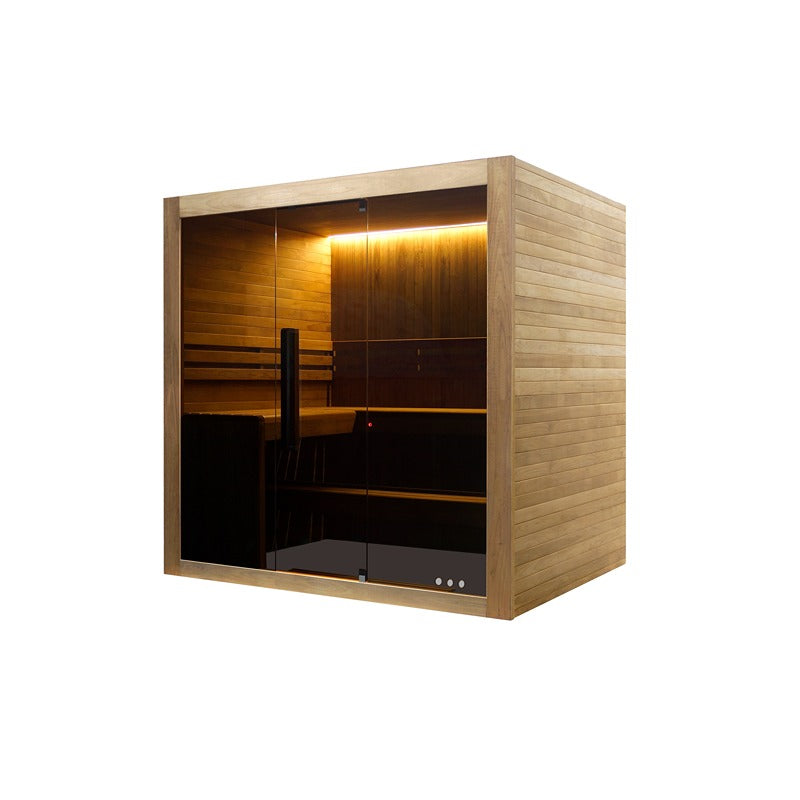 Hekla Traditional Sauna 210x200 cm Indoor Farbe Scandi Seitenansicht mit LED-Licht und geschlossener Tür