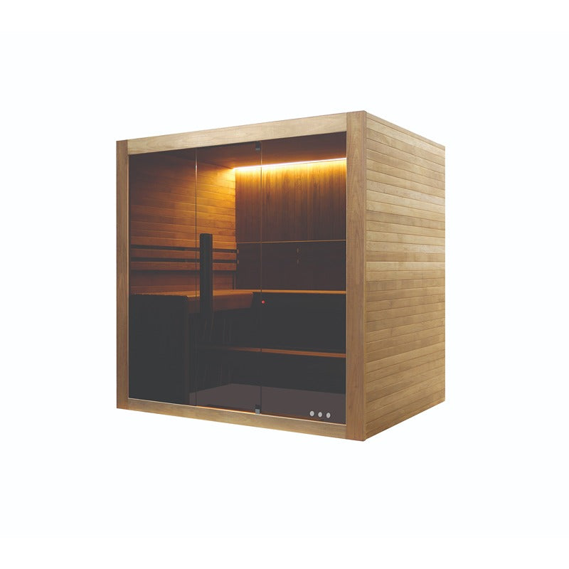 Hekla Traditional Sauna 210x200 cm Indoor Farbe Scandi Seitenansicht mit geschlossener Glastür