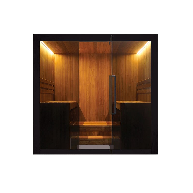 Hekla Traditional Sauna 220x210 cm Indoor Farbe Nero Frontalansicht mit LED-Beleuchtung und Glasfront