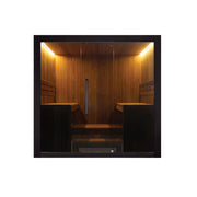 Hekla Traditional Sauna 220x210 cm Indoor Farbe Nero Frontalansicht mit Panorama-Glasfront