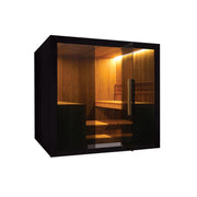 Hekla Traditional Sauna 220x210 cm Indoor Farbe Nero Seitenansicht mit geöffneter Glastür